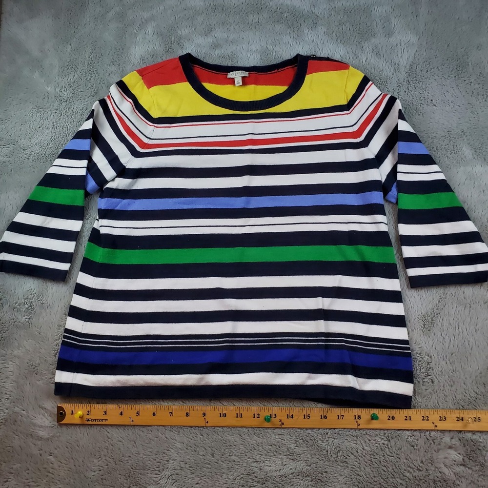 Talbots Sweater Womens LP Petite Button Shoulder Striped 3/4 Sleeve Multi Color